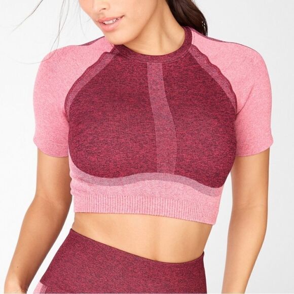 Fabletics Helena Seamless Crop Top Pink Heather Multi Short Sleeve Size Small - Picture 1 of 6